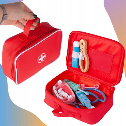 Trusa Medicala din Lemn Dentistry Smart idealSTORE, Include Diverse Accesorii Dentare, Periuta de Dinti, Stetoscop, Seringa, Burghiu, Tub de Pasta, Mulaj dentar, Cleste, Joc Creativ si Interactiv, Geanta Depozitare