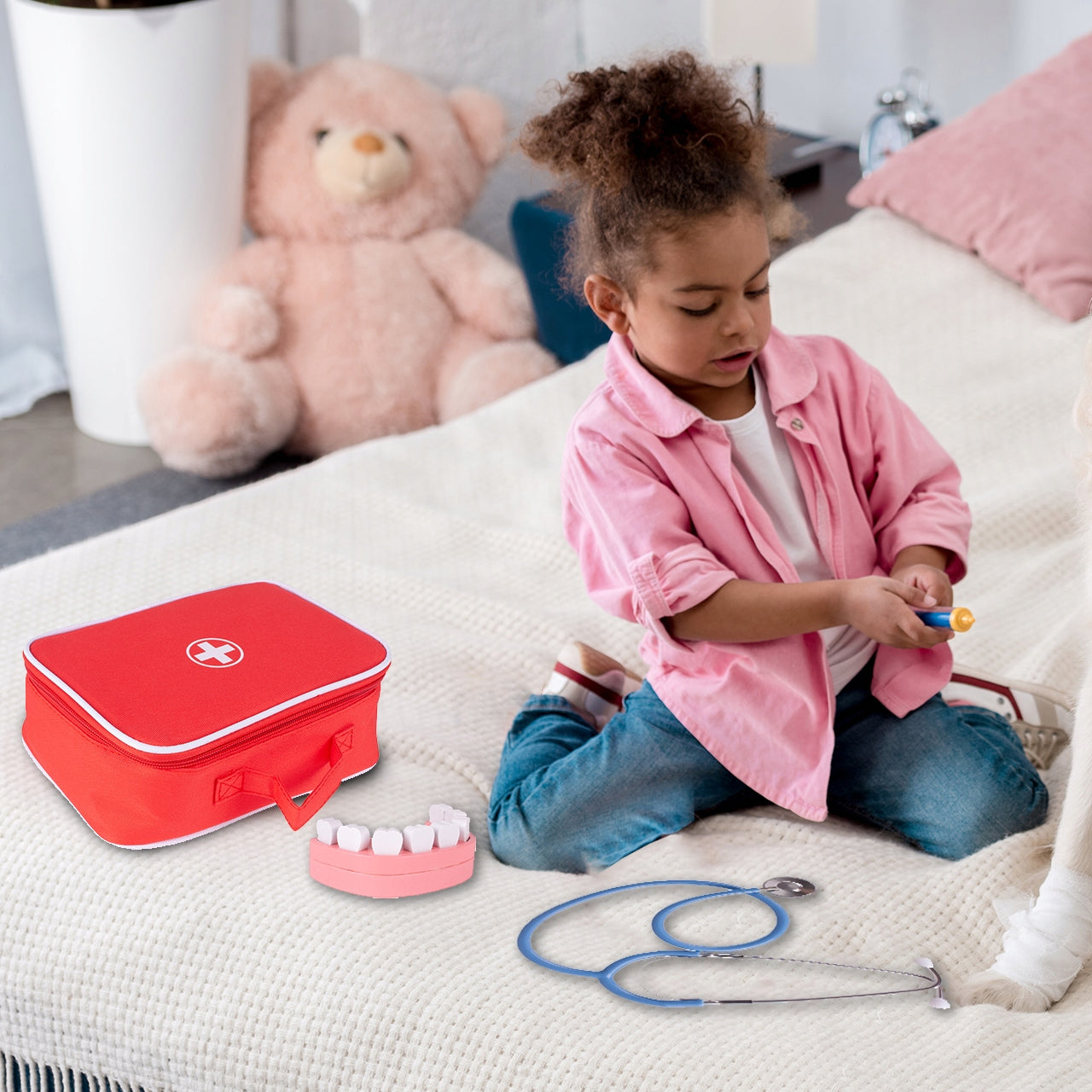 Trusa Medicala din Lemn Dentistry Smart idealSTORE, Include Diverse Accesorii Dentare, Periuta de Dinti, Stetoscop, Seringa, Burghiu, Tub de Pasta, Mulaj dentar, Cleste, Joc Creativ si Interactiv, Geanta Depozitare