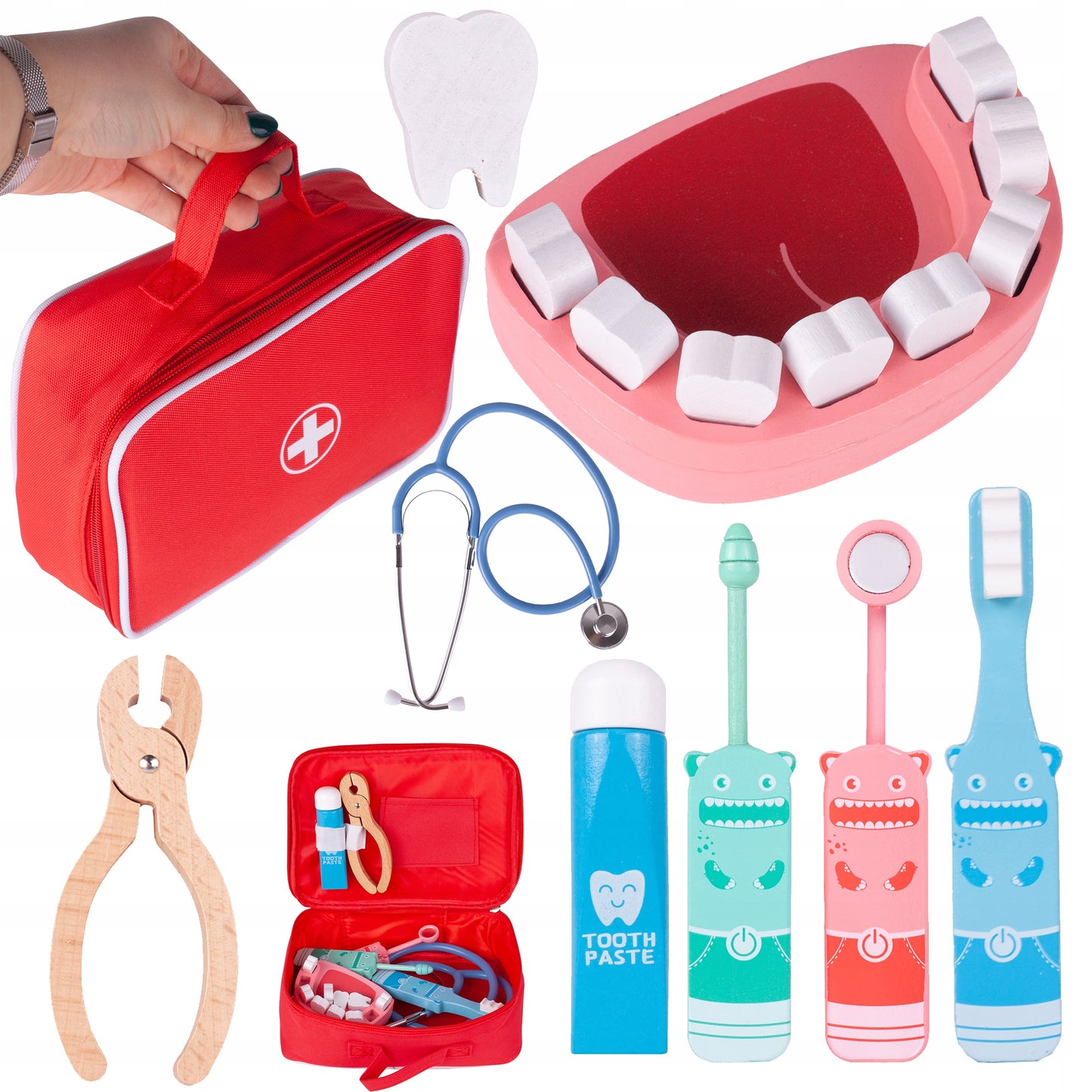 Trusa Medicala din Lemn Dentistry Smart idealSTORE, Include Diverse Accesorii Dentare, Periuta de Dinti, Stetoscop, Seringa, Burghiu, Tub de Pasta, Mulaj dentar, Cleste, Joc Creativ si Interactiv, Geanta Depozitare