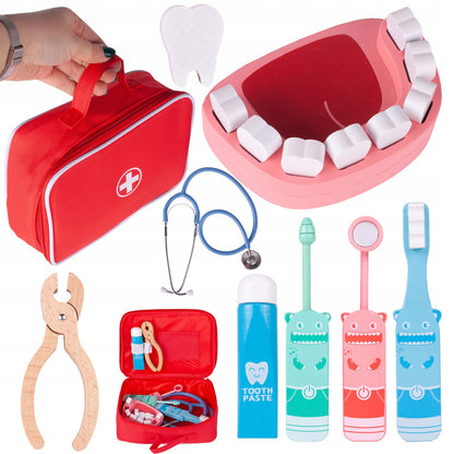Trusa Medicala din Lemn Dentistry Smart idealSTORE, Include Diverse Accesorii Dentare, Periuta de Dinti, Stetoscop, Seringa, Burghiu, Tub de Pasta, Mulaj dentar, Cleste, Joc Creativ si Interactiv, Geanta Depozitare