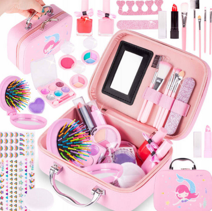 Trusa de Machiaj pentru copii Little Mermaid IdealSTORE Include 22 de elemente pentru Machiaj, elemente pentru ingrijirea unghiilor, Geanta cu maner pentru transport