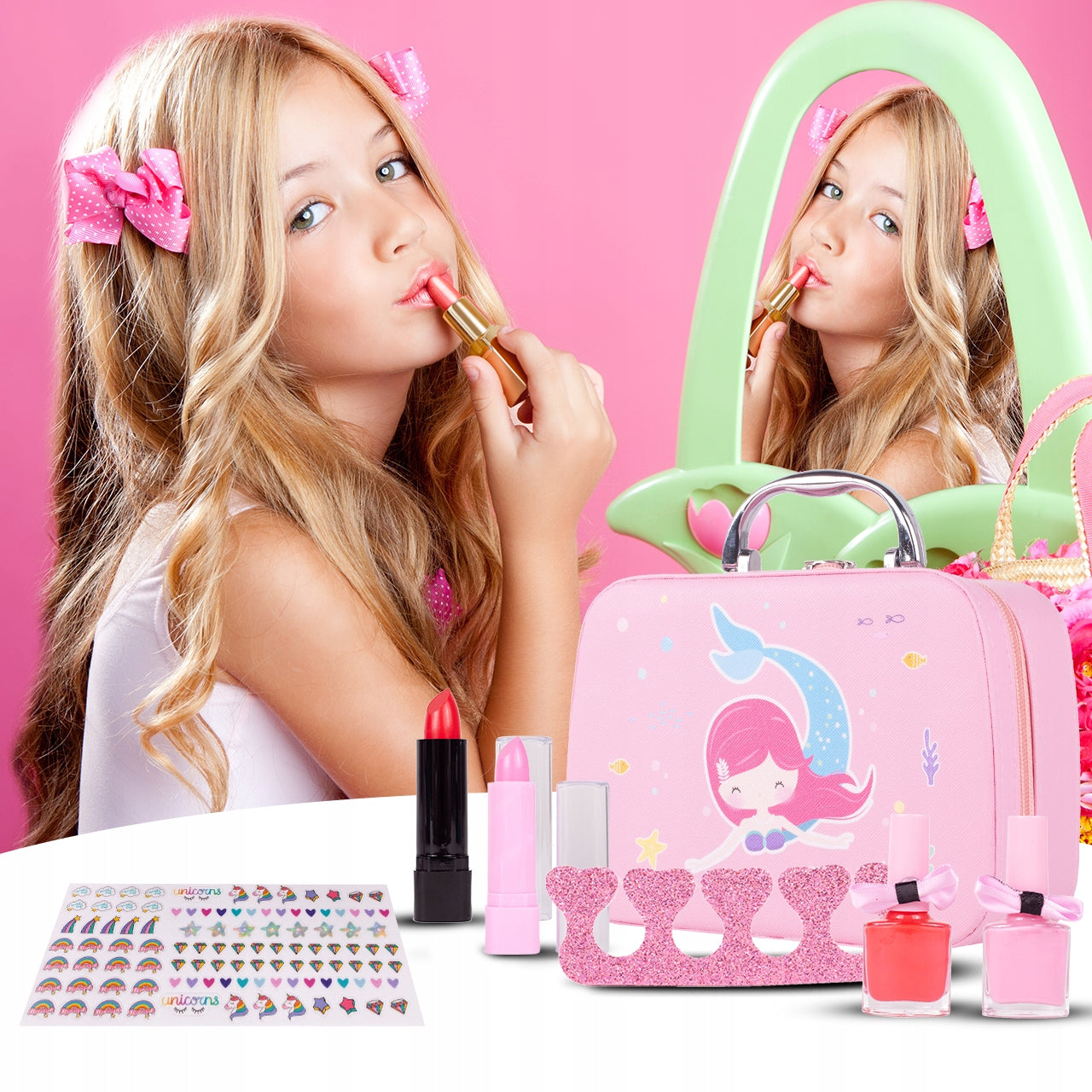 Trusa de Machiaj pentru copii Little Mermaid IdealSTORE Include 22 de elemente pentru Machiaj, elemente pentru ingrijirea unghiilor, Geanta cu maner pentru transport