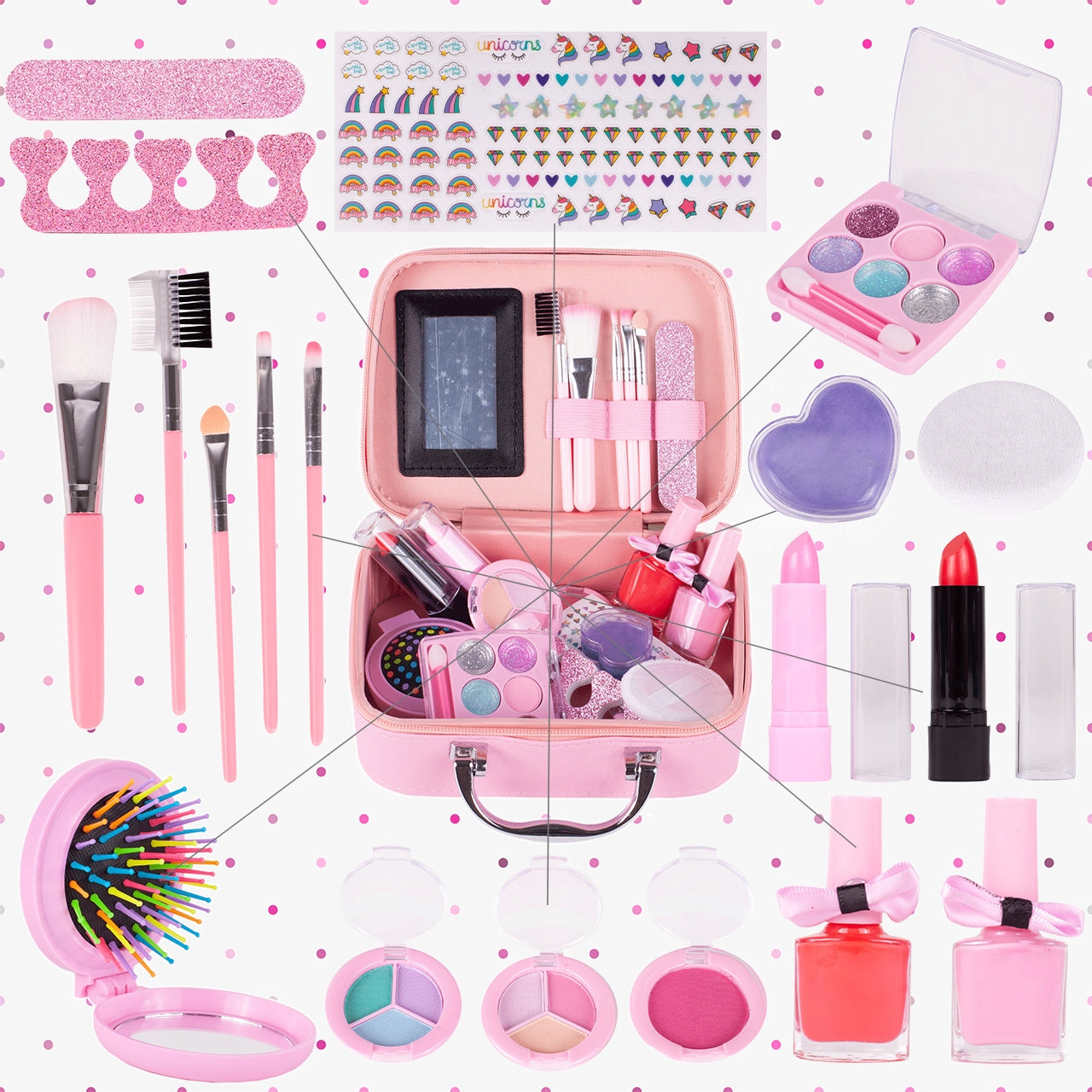 Trusa de Machiaj pentru copii Little Mermaid IdealSTORE Include 22 de elemente pentru Machiaj, elemente pentru ingrijirea unghiilor, Geanta cu maner pentru transport