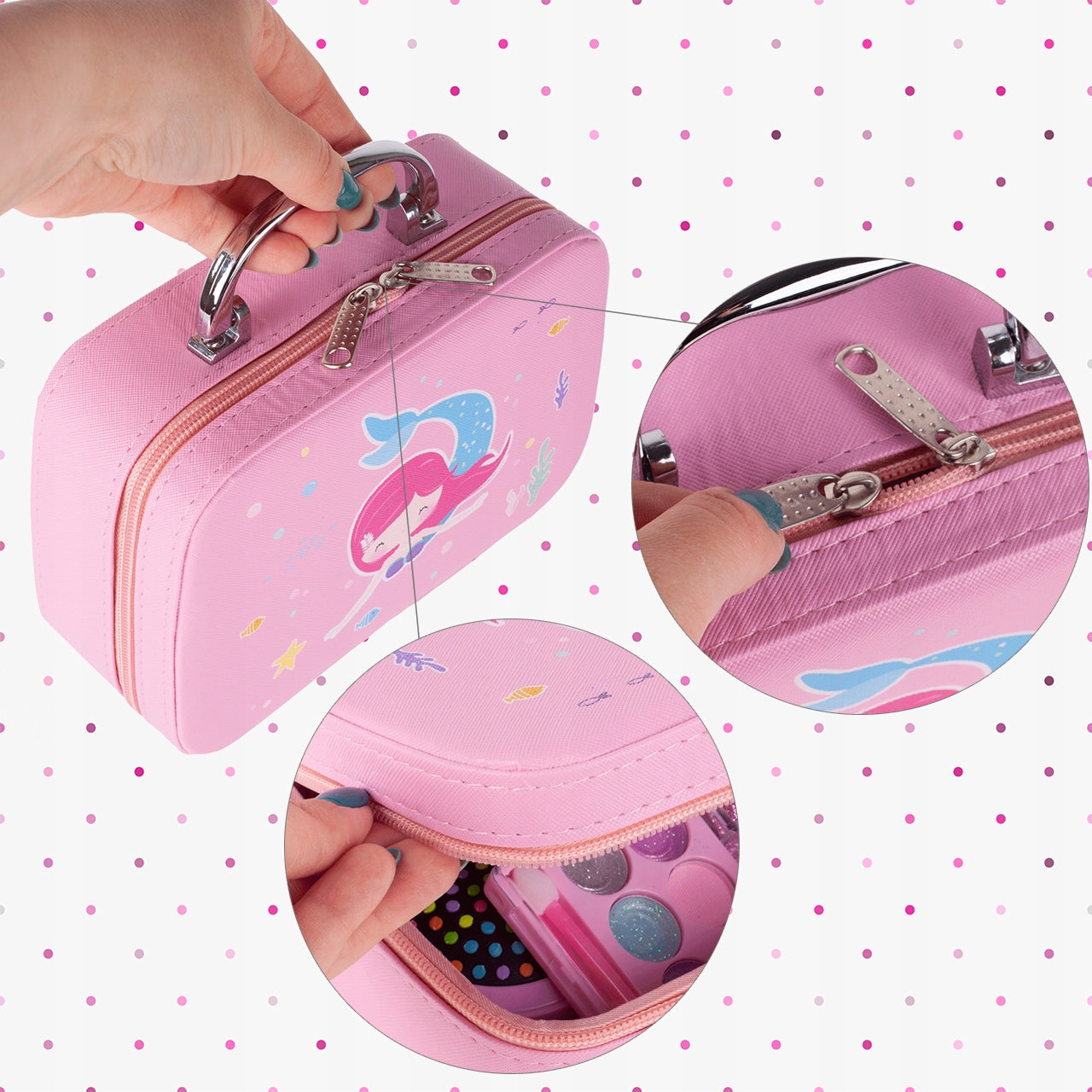 Trusa de Machiaj pentru copii Little Mermaid IdealSTORE Include 22 de elemente pentru Machiaj, elemente pentru ingrijirea unghiilor, Geanta cu maner pentru transport