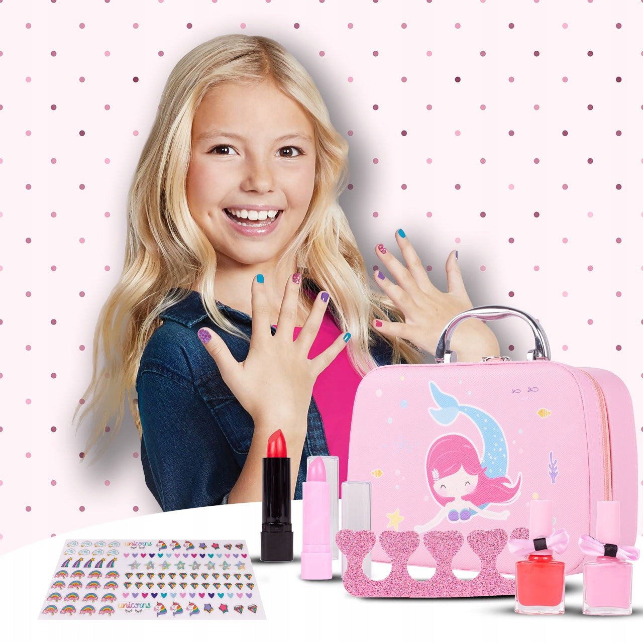 Trusa de Machiaj pentru copii Little Mermaid IdealSTORE Include 22 de elemente pentru Machiaj, elemente pentru ingrijirea unghiilor, Geanta cu maner pentru transport