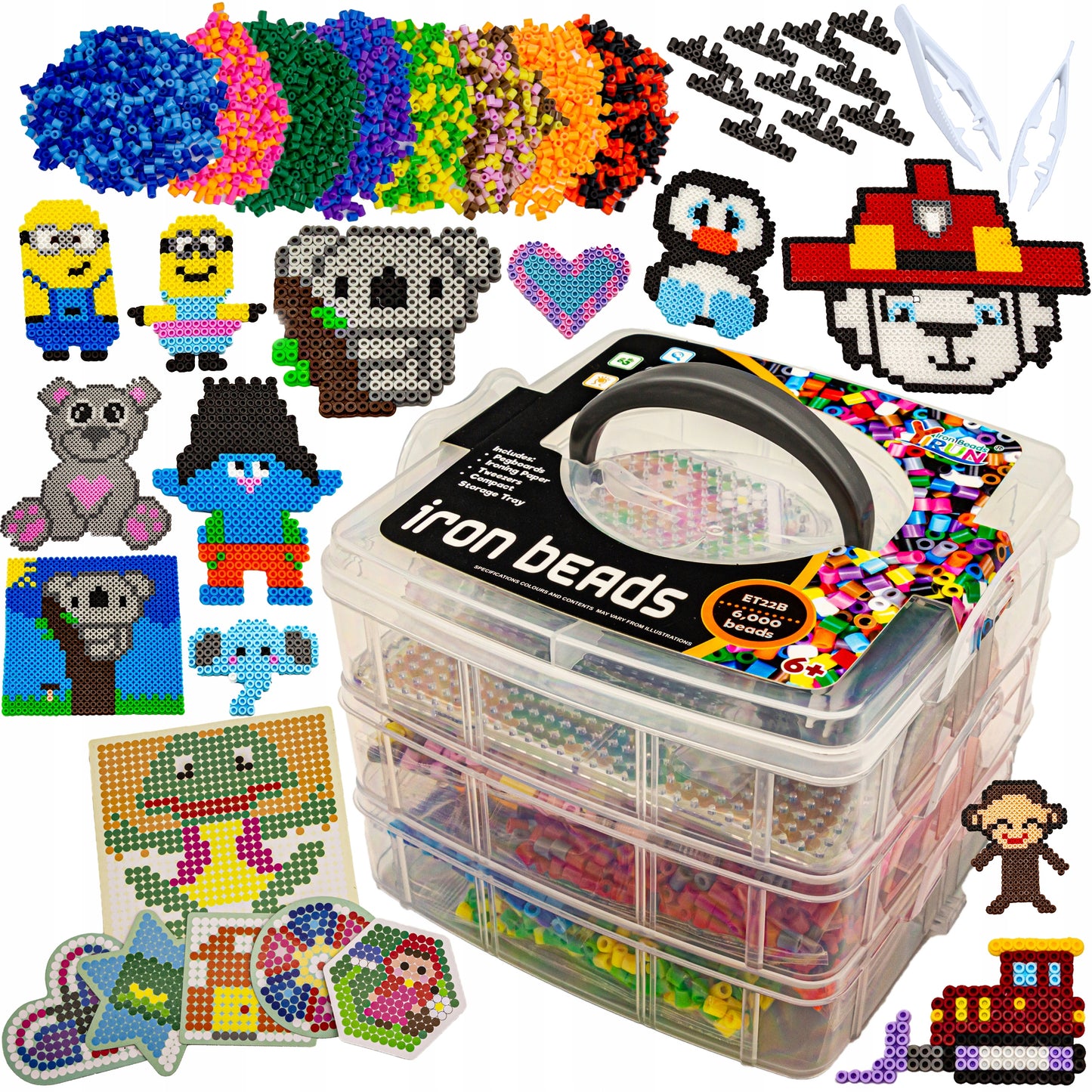 Set 6000 Margele de calcat Iron Beads idealSTORE, cu Sabloane, Pensete, Tampoane, Hartie de calcat, culoare Multicolor