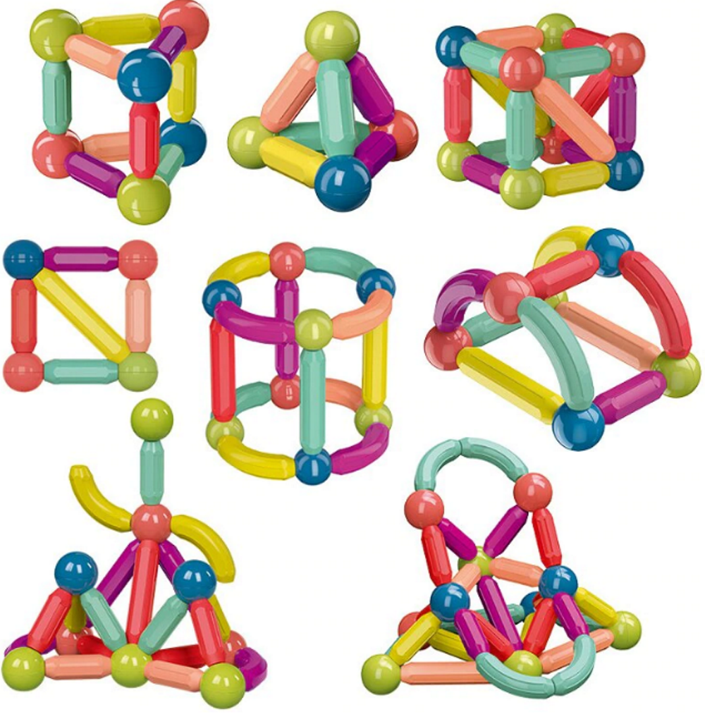 Set Piese Magnetice Educationale idealStore MagicKids Stick, 65 Piese, diferite Culori, Posibilitatea de a Construi forme Nelimitate, Magneti Neodim, Stimularea Imaginatiei si a Creativitatii