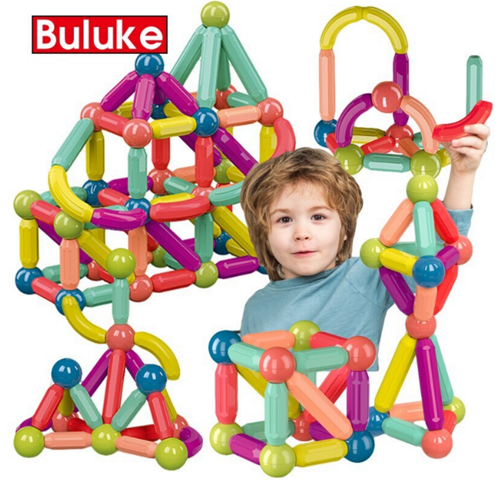 Set Piese Magnetice Educationale idealStore MagicKids Stick, 65 Piese, diferite Culori, Posibilitatea de a Construi forme Nelimitate, Magneti Neodim, Stimularea Imaginatiei si a Creativitatii