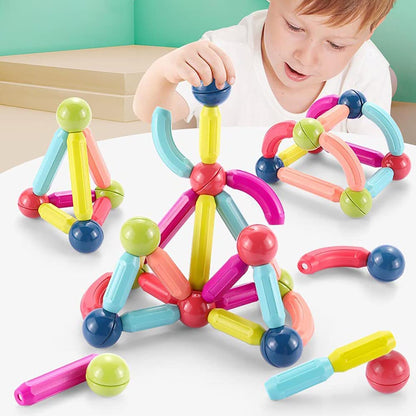 Set Piese Magnetice Educationale idealStore MagicKids Stick, 65 Piese, diferite Culori, Posibilitatea de a Construi forme Nelimitate, Magneti Neodim, Stimularea Imaginatiei si a Creativitatii