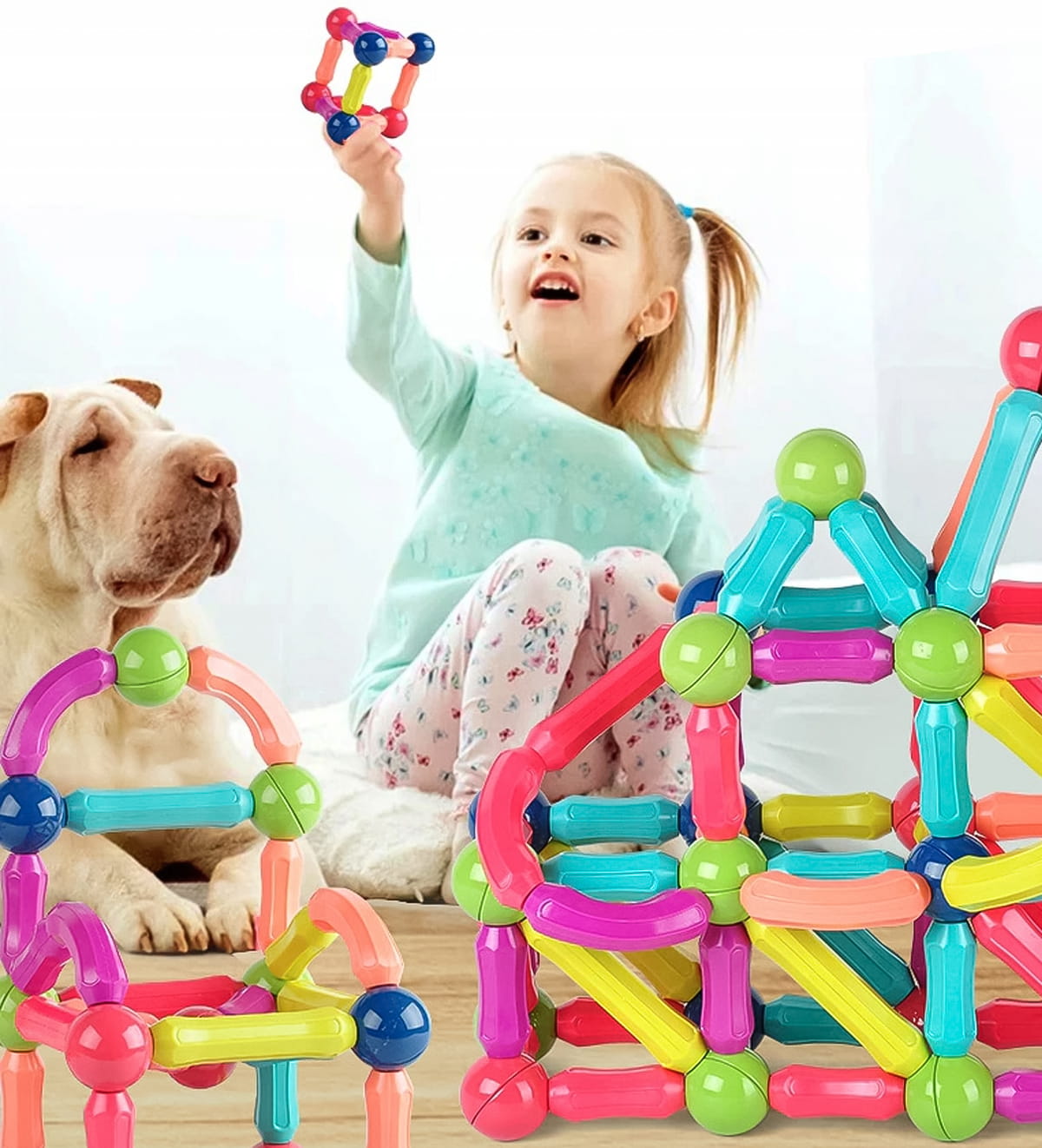 Set Piese Magnetice Educationale idealStore MagicKids Stick, 65 Piese, diferite Culori, Posibilitatea de a Construi forme Nelimitate, Magneti Neodim, Stimularea Imaginatiei si a Creativitatii