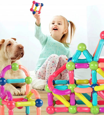 Set Piese Magnetice Educationale idealStore MagicKids Stick, 65 Piese, diferite Culori, Posibilitatea de a Construi forme Nelimitate, Magneti Neodim, Stimularea Imaginatiei si a Creativitatii