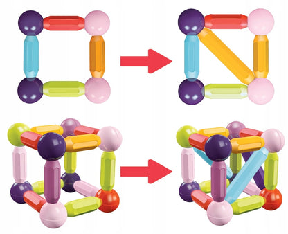 Set Piese Magnetice Educationale idealStore MagicKids Stick, 65 Piese, diferite Culori, Posibilitatea de a Construi forme Nelimitate, Magneti Neodim, Stimularea Imaginatiei si a Creativitatii