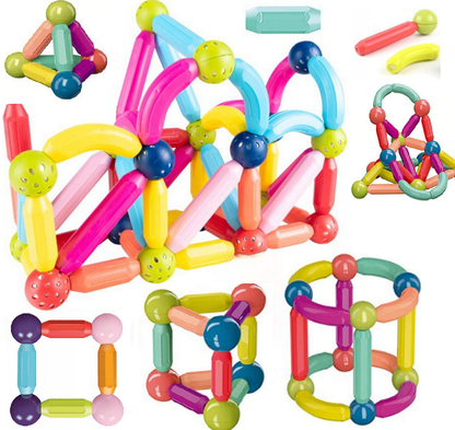 Set Piese Magnetice Educationale idealStore MagicKids Stick, 65 Piese, diferite Culori, Posibilitatea de a Construi forme Nelimitate, Magneti Neodim, Stimularea Imaginatiei si a Creativitatii