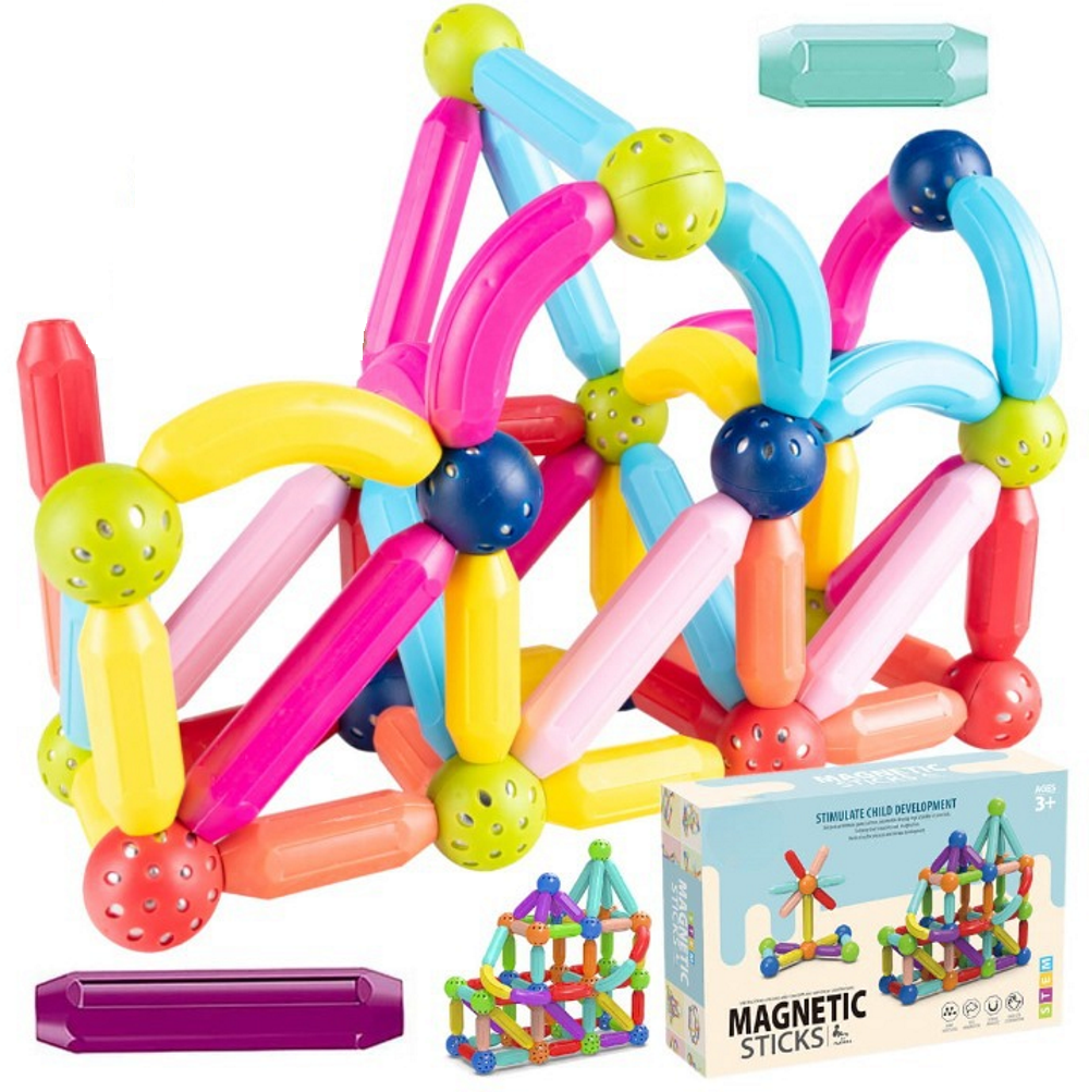 Set Piese Magnetice Educationale idealStore MagicKids Stick, 65 Piese, diferite Culori, Posibilitatea de a Construi forme Nelimitate, Magneti Neodim, Stimularea Imaginatiei si a Creativitatii