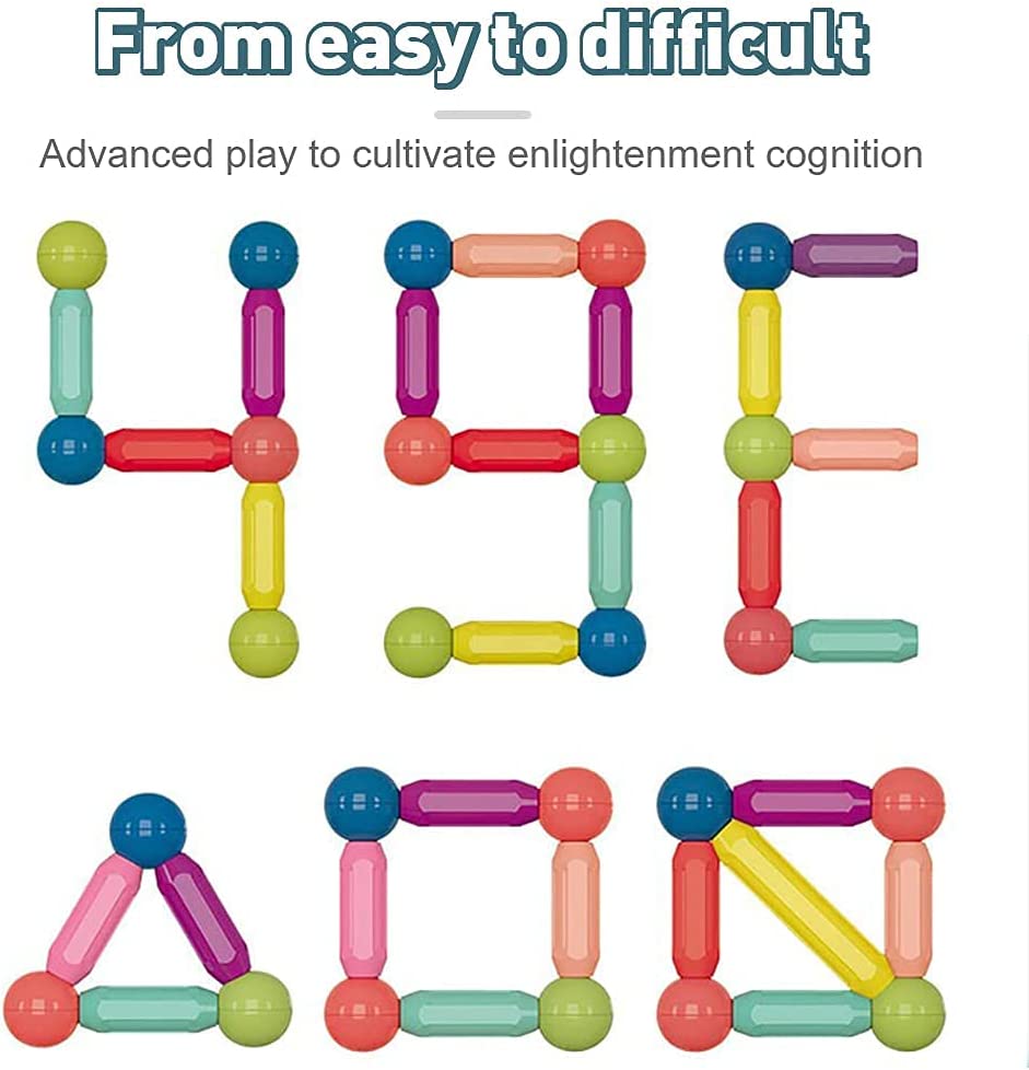 Set Piese Magnetice Educationale idealStore MagicKids Stick, 65 Piese, diferite Culori, Posibilitatea de a Construi forme Nelimitate, Magneti Neodim, Stimularea Imaginatiei si a Creativitatii