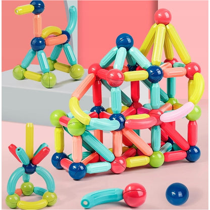 Set Piese Magnetice Educationale idealStore MagicKids Stick, 65 Piese, diferite Culori, Posibilitatea de a Construi forme Nelimitate, Magneti Neodim, Stimularea Imaginatiei si a Creativitatii