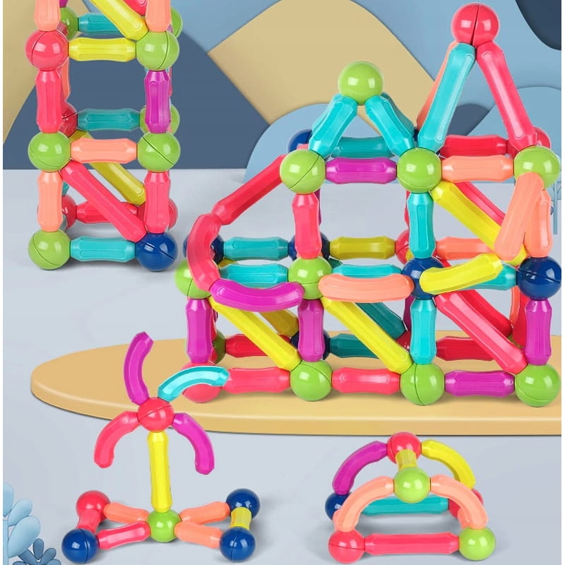 Set Piese Magnetice Educationale pentru Copii idealSTORE Magnetic Stick, Include 66 de Piese de diferite Culori, Posibilitatea de a Construii forme Nelimitate, Maganeti Neodim, Stimularea Imaginatiei si a Creativitatii