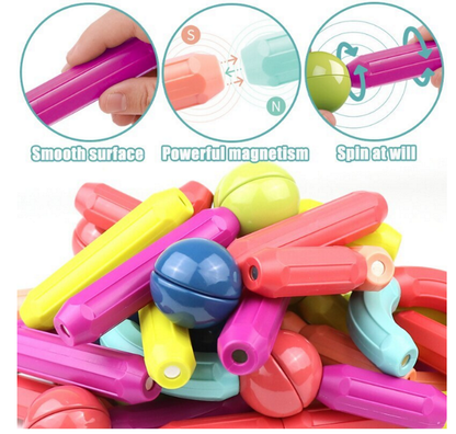 Set Piese Magnetice Educationale pentru Copii idealSTORE Magnetic Stick, Include 66 de Piese de diferite Culori, Posibilitatea de a Construii forme Nelimitate, Maganeti Neodim, Stimularea Imaginatiei si a Creativitatii
