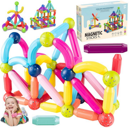 Set Piese Magnetice Educationale pentru Copii idealSTORE Magnetic Stick, Include 66 de Piese de diferite Culori, Posibilitatea de a Construii forme Nelimitate, Maganeti Neodim, Stimularea Imaginatiei si a Creativitatii
