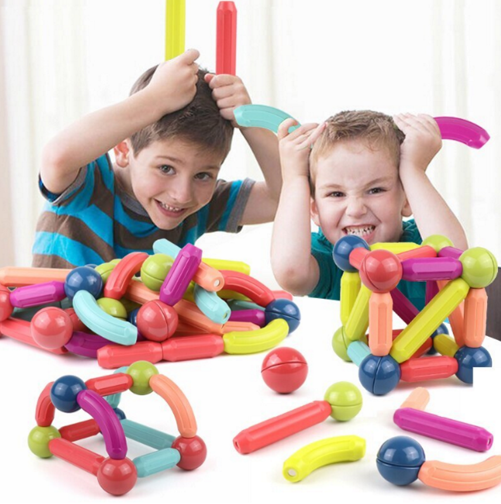 Set Piese Magnetice Educationale pentru Copii idealSTORE Magnetic Stick, Include 66 de Piese de diferite Culori, Posibilitatea de a Construii forme Nelimitate, Maganeti Neodim, Stimularea Imaginatiei si a Creativitatii