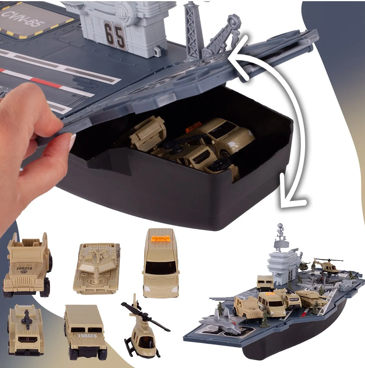 Portavion Militar de Jucarie Aircraft Carrier idealSTORE, Include 10 Soldati, Elicopter, Vehicule Militare, Tanc, Avioane, Turn de Control, Macara, Rampa Extensibila, Radare rotative 360, Barca, Design Realist