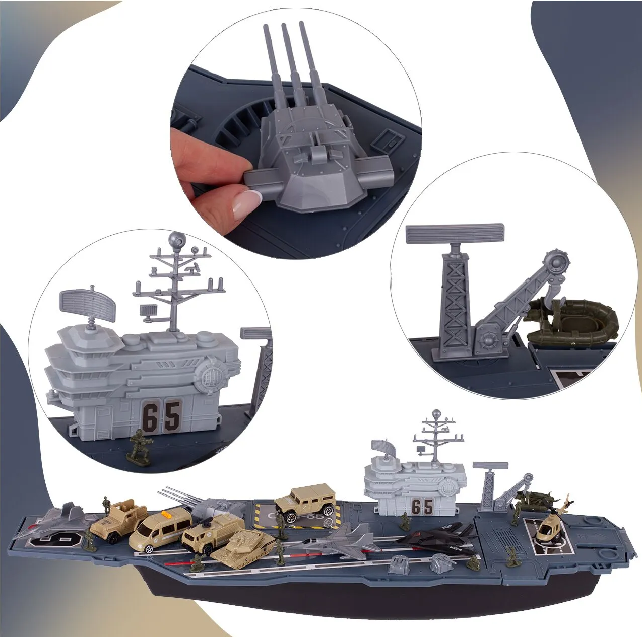 Portavion Militar de Jucarie Aircraft Carrier idealSTORE, Include 10 Soldati, Elicopter, Vehicule Militare, Tanc, Avioane, Turn de Control, Macara, Rampa Extensibila, Radare rotative 360, Barca, Design Realist