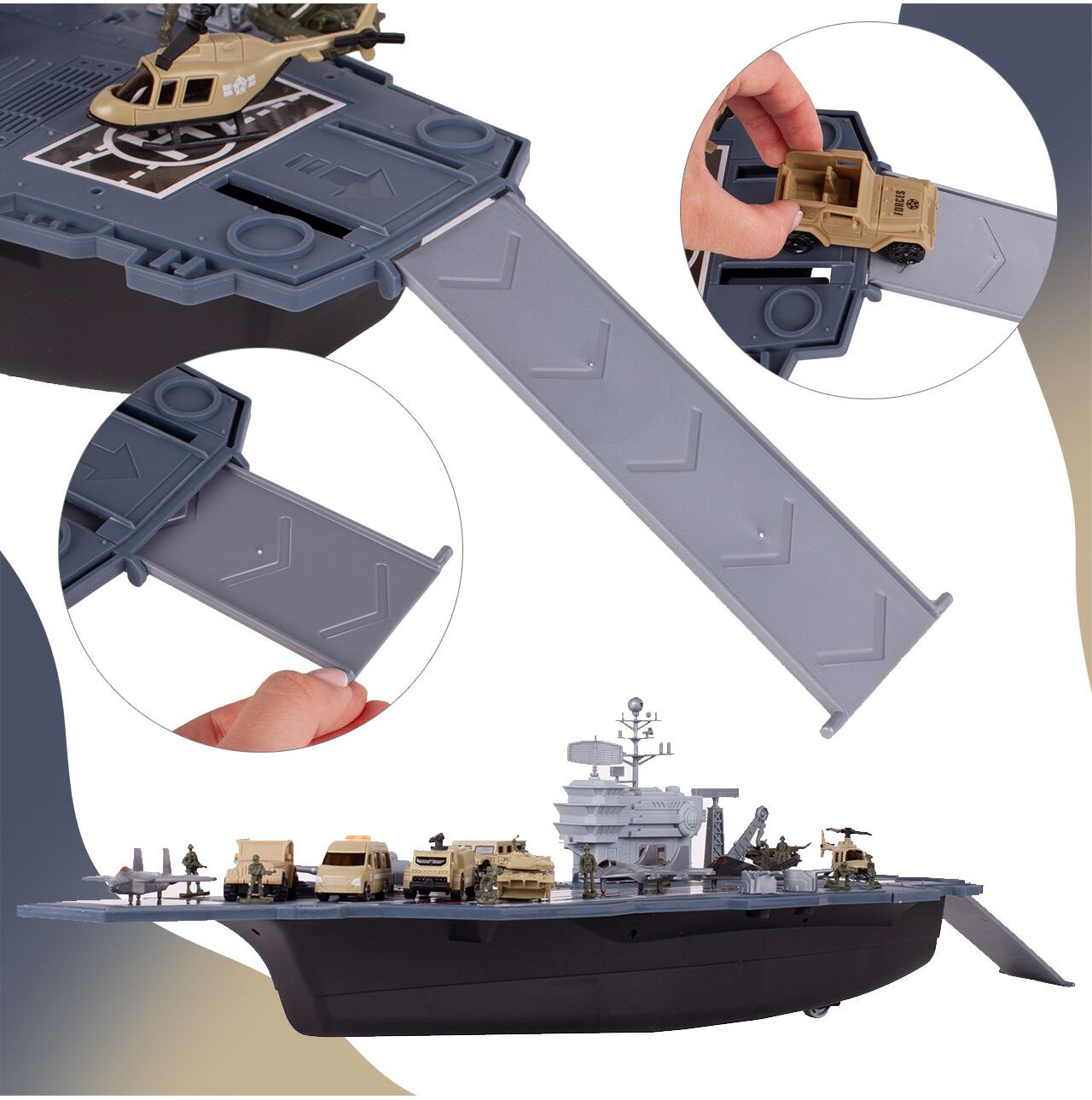 Portavion Militar de Jucarie Aircraft Carrier idealSTORE, Include 10 Soldati, Elicopter, Vehicule Militare, Tanc, Avioane, Turn de Control, Macara, Rampa Extensibila, Radare rotative 360, Barca, Design Realist