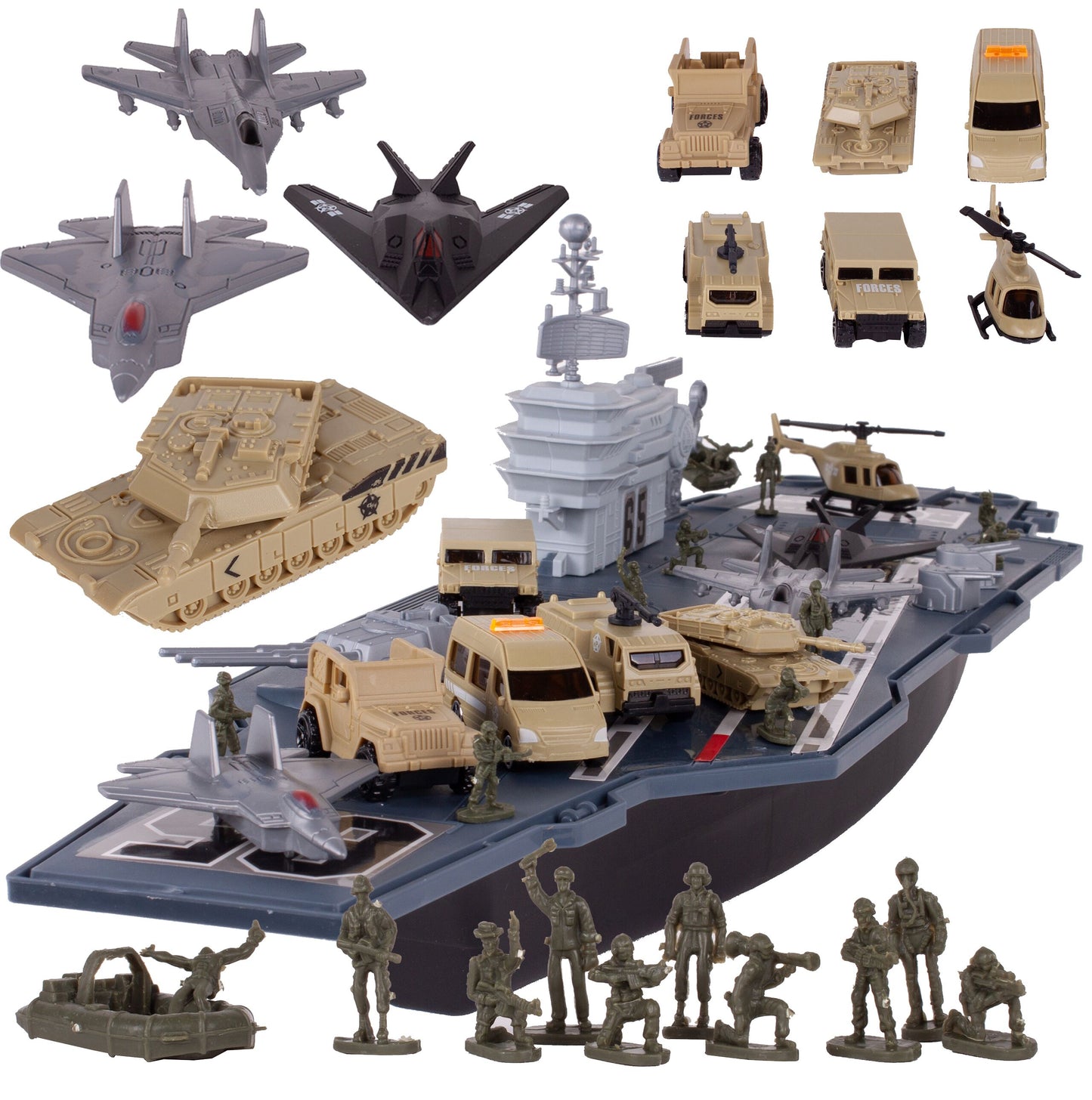 Portavion Militar de Jucarie Aircraft Carrier idealSTORE, Include 10 Soldati, Elicopter, Vehicule Militare, Tanc, Avioane, Turn de Control, Macara, Rampa Extensibila, Radare rotative 360, Barca, Design Realist