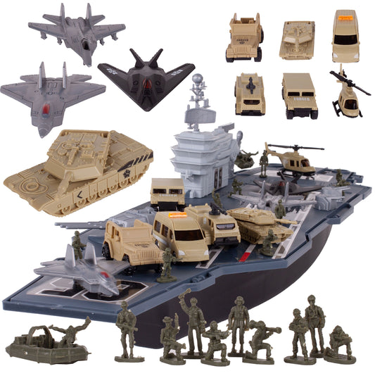 Portavion Militar de Jucarie Aircraft Carrier idealSTORE, Include 10 Soldati, Elicopter, Vehicule Militare, Tanc, Avioane, Turn de Control, Macara, Rampa Extensibila, Radare rotative 360, Barca, Design Realist