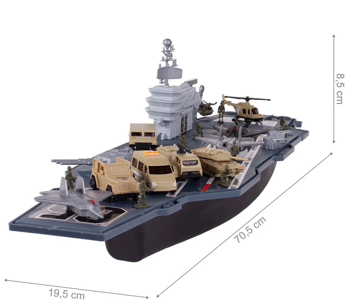 Portavion Militar de Jucarie Aircraft Carrier idealSTORE, Include 10 Soldati, Elicopter, Vehicule Militare, Tanc, Avioane, Turn de Control, Macara, Rampa Extensibila, Radare rotative 360, Barca, Design Realist