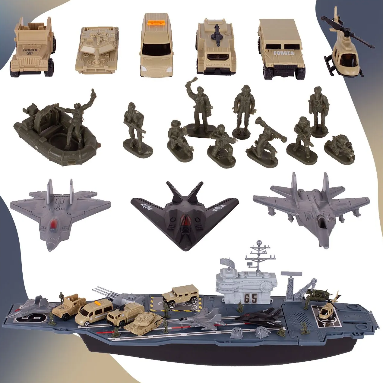 Portavion Militar de Jucarie Aircraft Carrier idealSTORE, Include 10 Soldati, Elicopter, Vehicule Militare, Tanc, Avioane, Turn de Control, Macara, Rampa Extensibila, Radare rotative 360, Barca, Design Realist