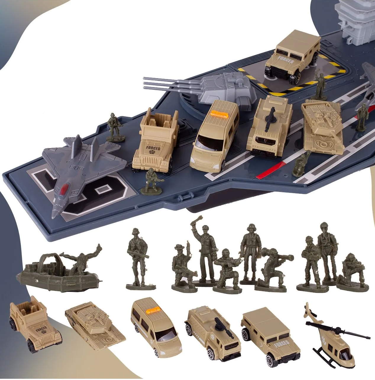 Portavion Militar de Jucarie Aircraft Carrier idealSTORE, Include 10 Soldati, Elicopter, Vehicule Militare, Tanc, Avioane, Turn de Control, Macara, Rampa Extensibila, Radare rotative 360, Barca, Design Realist