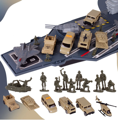 Portavion Militar de Jucarie Aircraft Carrier idealSTORE, Include 10 Soldati, Elicopter, Vehicule Militare, Tanc, Avioane, Turn de Control, Macara, Rampa Extensibila, Radare rotative 360, Barca, Design Realist