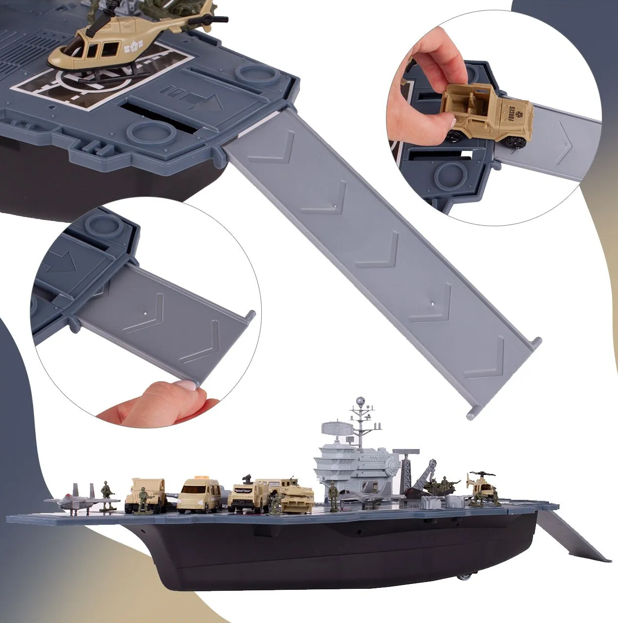 Portavion Militar de Jucarie Aircraft Carrier idealSTORE, Include 10 Soldati, Elicopter, Vehicule Militare, Tanc, Avioane, Turn de Control, Macara, Rampa Extensibila, Radare rotative 360, Barca, Design Realist