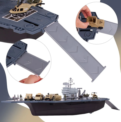 Portavion Militar de Jucarie Aircraft Carrier idealSTORE, Include 10 Soldati, Elicopter, Vehicule Militare, Tanc, Avioane, Turn de Control, Macara, Rampa Extensibila, Radare rotative 360, Barca, Design Realist