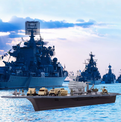 Portavion Militar de Jucarie Aircraft Carrier idealSTORE, Include 10 Soldati, Elicopter, Vehicule Militare, Tanc, Avioane, Turn de Control, Macara, Rampa Extensibila, Radare rotative 360, Barca, Design Realist