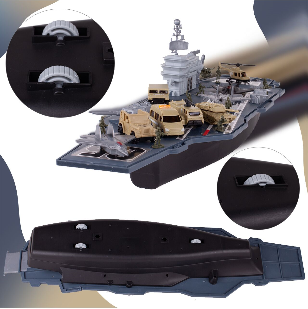 Portavion Militar de Jucarie Aircraft Carrier idealSTORE, Include 10 Soldati, Elicopter, Vehicule Militare, Tanc, Avioane, Turn de Control, Macara, Rampa Extensibila, Radare rotative 360, Barca, Design Realist