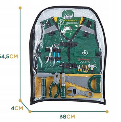 Kit Instrumente bricolaj Tool Box idealSTORE, Echipat cu o Casca reglabila de protectie, Vesta cu diferite accesorii multifunctionale, Cleste, Ciocan, Cheie, Surubelnita, Dezvolta educatia celor mici