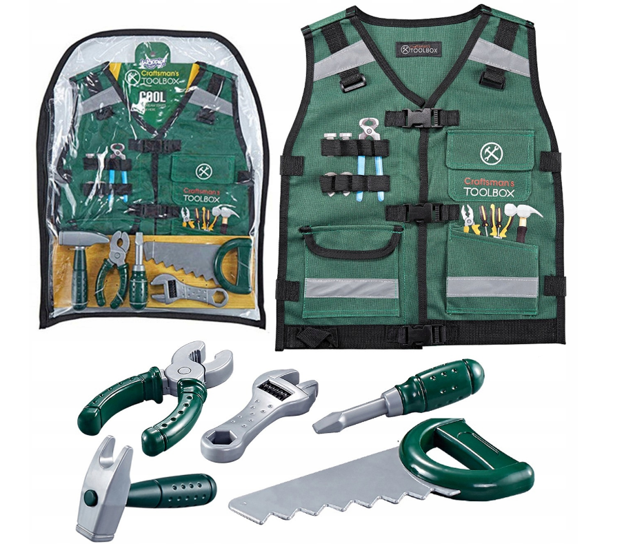 Kit Instrumente bricolaj Tool Box idealSTORE, Echipat cu o Casca reglabila de protectie, Vesta cu diferite accesorii multifunctionale, Cleste, Ciocan, Cheie, Surubelnita, Dezvolta educatia celor mici