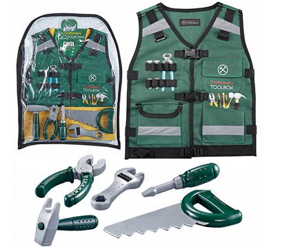 Kit Instrumente bricolaj Tool Box idealSTORE, Echipat cu o Casca reglabila de protectie, Vesta cu diferite accesorii multifunctionale, Cleste, Ciocan, Cheie, Surubelnita, Dezvolta educatia celor mici
