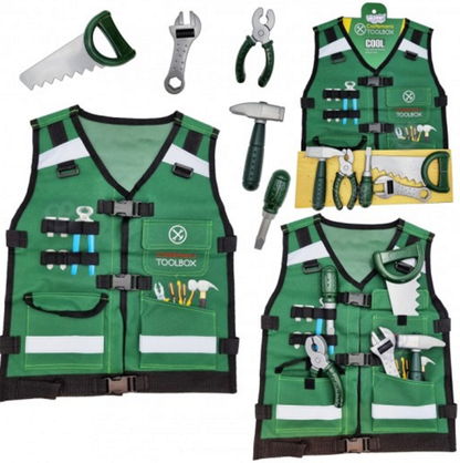 Kit Instrumente bricolaj Tool Box idealSTORE, Echipat cu o Casca reglabila de protectie, Vesta cu diferite accesorii multifunctionale, Cleste, Ciocan, Cheie, Surubelnita, Dezvolta educatia celor mici