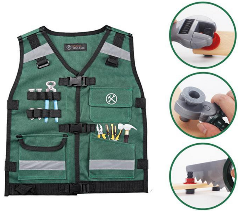 Kit Instrumente bricolaj Tool Box idealSTORE, Echipat cu o Casca reglabila de protectie, Vesta cu diferite accesorii multifunctionale, Cleste, Ciocan, Cheie, Surubelnita, Dezvolta educatia celor mici