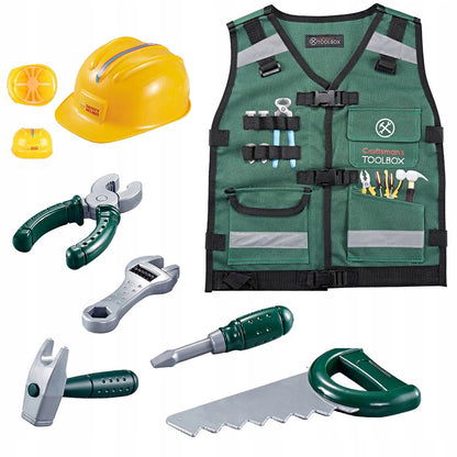 Kit Instrumente bricolaj Tool Box idealSTORE, Echipat cu o Casca reglabila de protectie, Vesta cu diferite accesorii multifunctionale, Cleste, Ciocan, Cheie, Surubelnita, Dezvolta educatia celor mici
