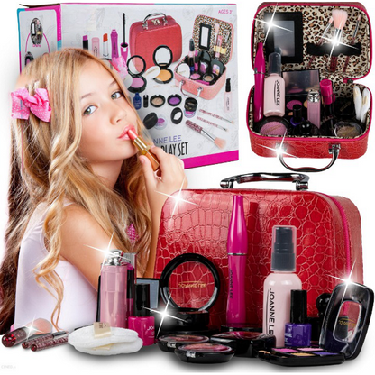 Trusa de Machiaj pentru Copii idealSTORE, Include 22 Elemente de Cosmetice Reale si Manichiura, Non-Toxice, Depozitate intr-o Gentuta cu Maner si Fermoar, Distractia dezvolta Creativitatea si Imaginatia