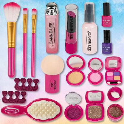 Trusa de Machiaj pentru Copii idealSTORE, Include 22 Elemente de Cosmetice Reale si Manichiura, Non-Toxice, Depozitate intr-o Gentuta cu Maner si Fermoar, Distractia dezvolta Creativitatea si Imaginatia
