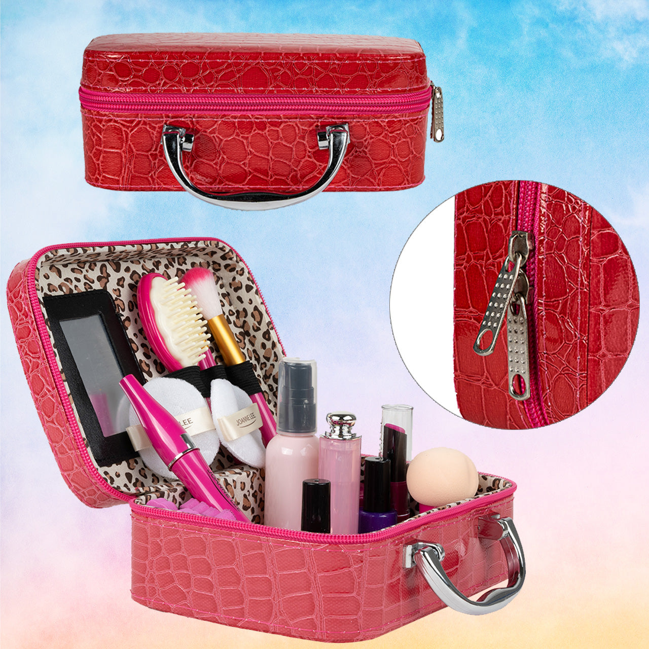 Trusa de Machiaj pentru Copii idealSTORE, Include 22 Elemente de Cosmetice Reale si Manichiura, Non-Toxice, Depozitate intr-o Gentuta cu Maner si Fermoar, Distractia dezvolta Creativitatea si Imaginatia