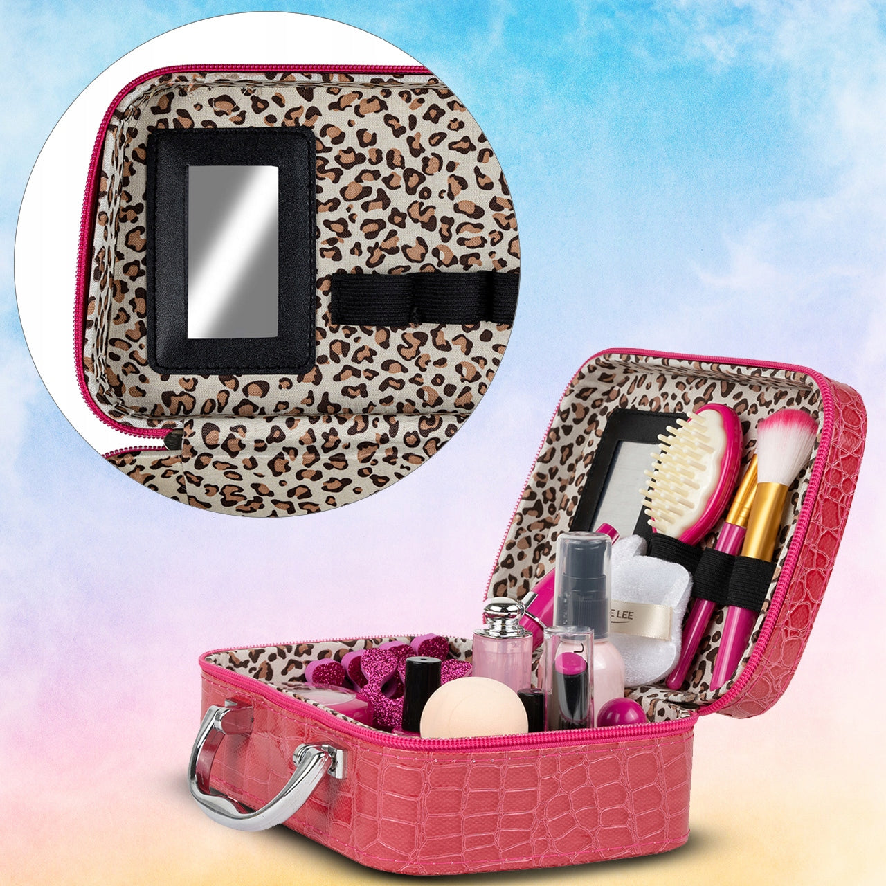 Trusa de Machiaj pentru Copii idealSTORE, Include 22 Elemente de Cosmetice Reale si Manichiura, Non-Toxice, Depozitate intr-o Gentuta cu Maner si Fermoar, Distractia dezvolta Creativitatea si Imaginatia