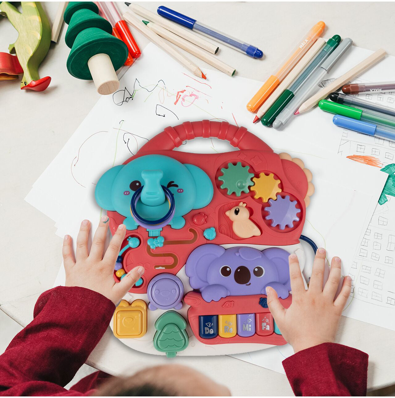 Masuta Interactiva Singing Elephants idealSTORE, cu Sunete, Diverse Melodii, Taste cu Pian, Cos de Baschet cu Mingii, Volum Reglabil, Diferite Activitati