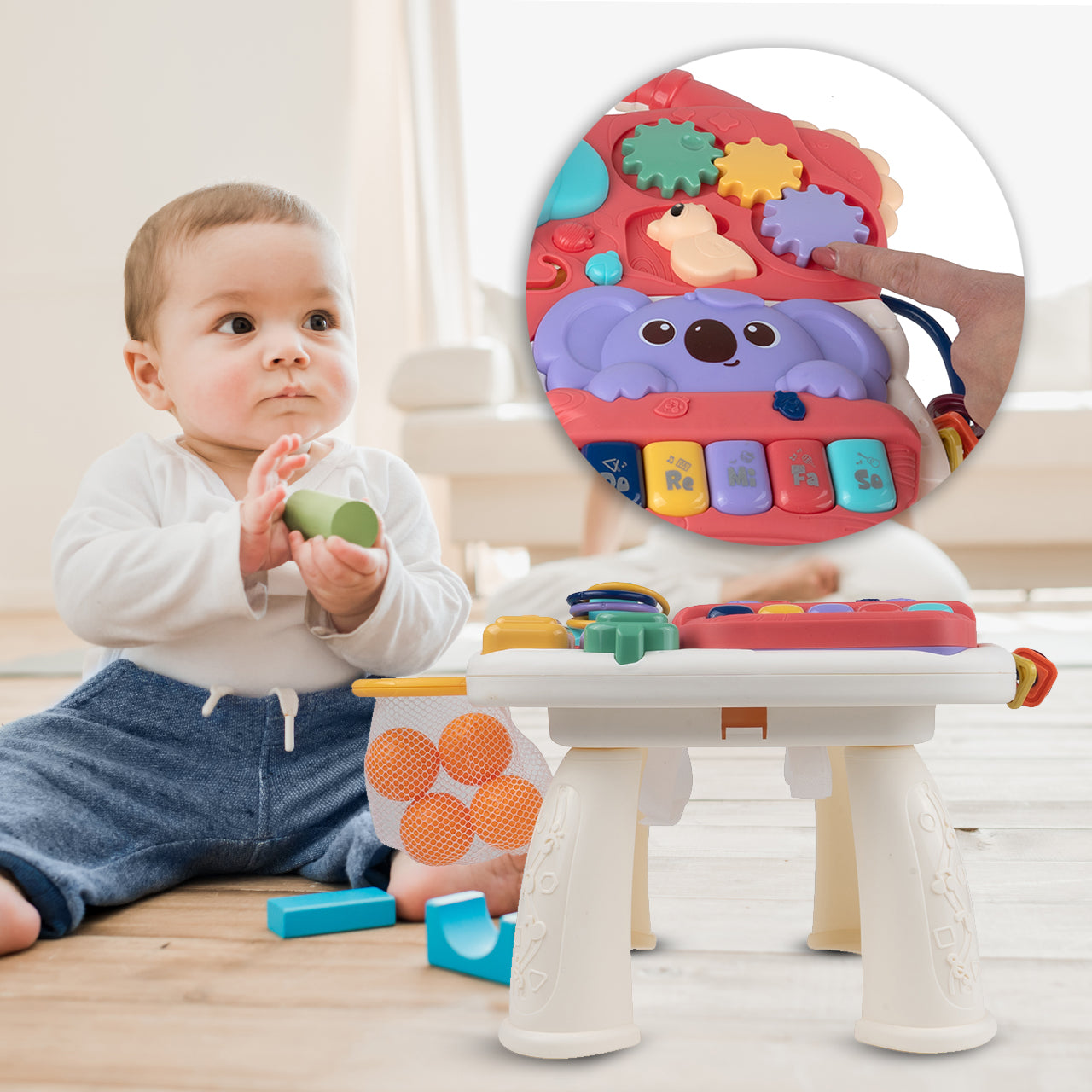 Masuta Interactiva Singing Elephants idealSTORE, cu Sunete, Diverse Melodii, Taste cu Pian, Cos de Baschet cu Mingii, Volum Reglabil, Diferite Activitati