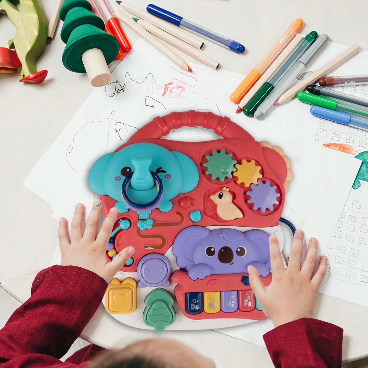 Masuta Interactiva Singing Elephants idealSTORE, cu Sunete, Diverse Melodii, Taste cu Pian, Cos de Baschet cu Mingii, Volum Reglabil, Diferite Activitati